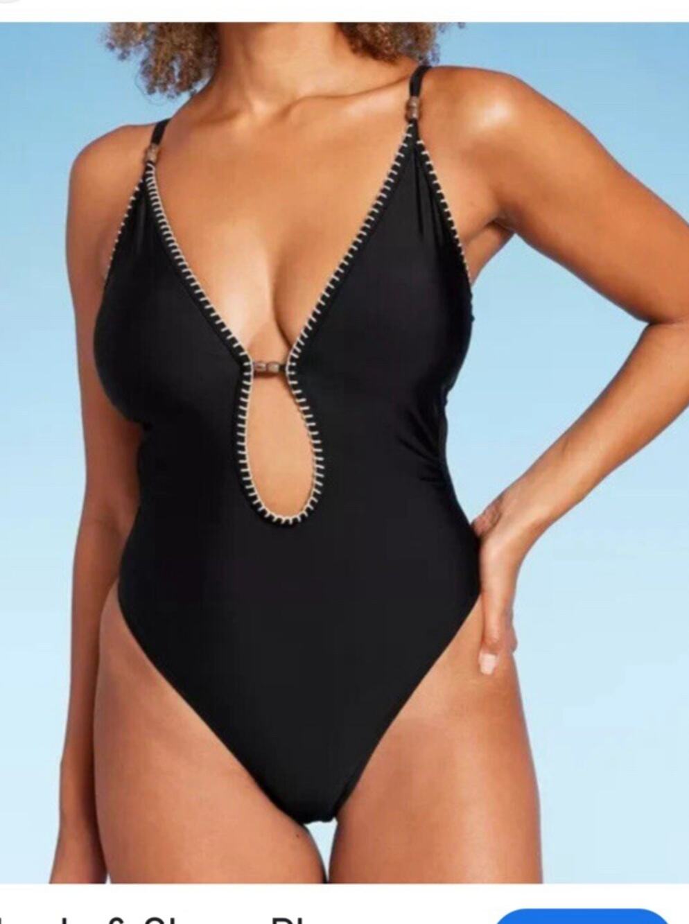 Shade & Shore Plunge Bead Detail Extra High Leg One Piece Swimsuit Black Women L